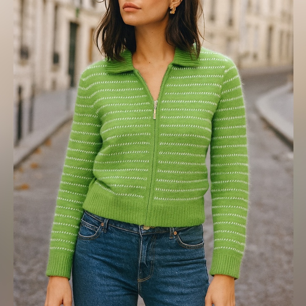 St John Wool Striped Zip Up Sweater Jacket